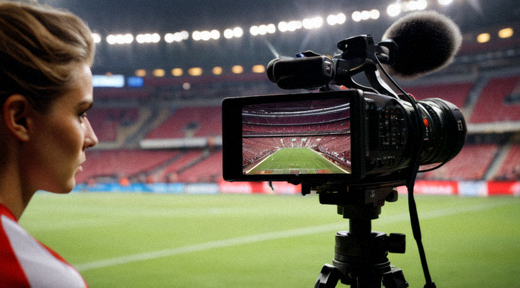 体育记者在赛场边记录比赛信息的新闻现场画面